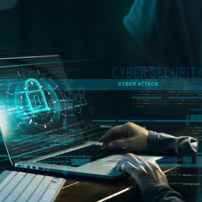 Cyber security concept. Internet crime. Hacker working on a code and network with lock icon on digital interface virtual screen dark digital background.